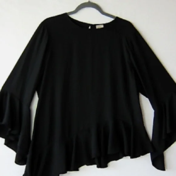 Chicos Sheer Asymmetrical Ruffle Hem Sleeves Black Blouse - Picture 3 of 8
